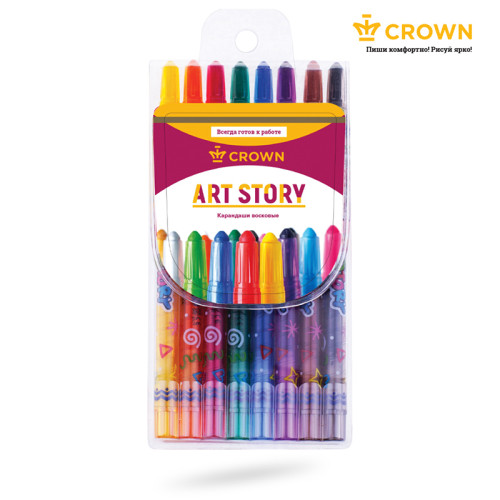 Карандаши восковые Crown "ArtStory", 08цв., выкручивающийся стержень, ПВХ