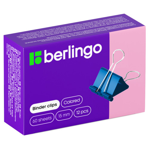 Зажимы для бумаг 15мм, Berlingo, 12шт., цветные